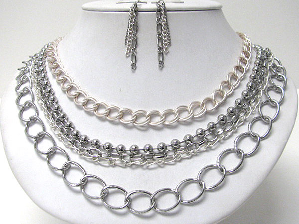 Multi layered metal chain necklace earring set