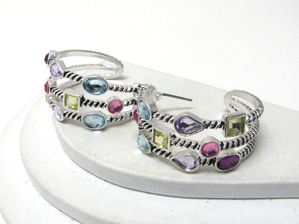 Multi shape crystal deco three layered hoop earrings - hoops