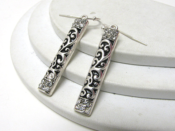 Crystal deco metal filigree patterned bar earrings