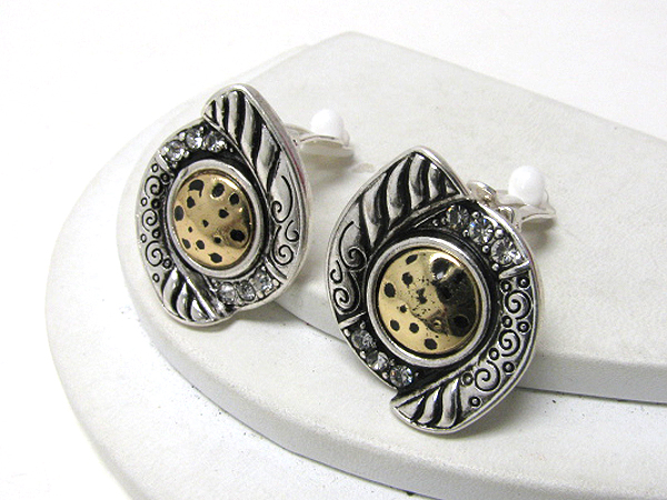 Crystal deco metal filigree clip on earrings