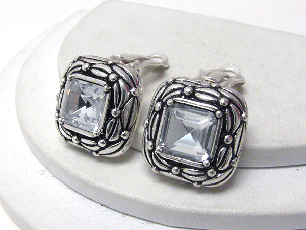 Square facet glass and metal filigree clip on earrings