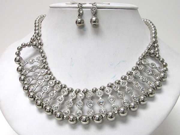 Multi crystal and metal ball link bib style necklace earring set