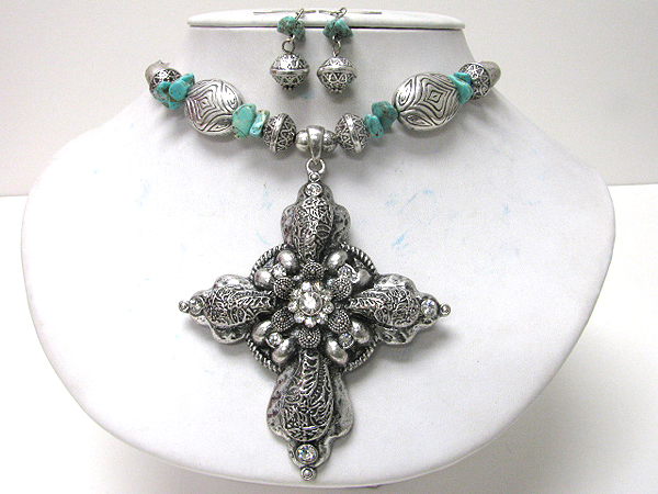 Crystal deco metal filigree cross pendant and turquoise chip stone chain necklace earring set