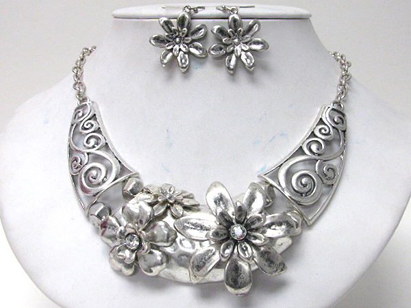 Crystal center flower and metal filigree half chocker necklace earring set