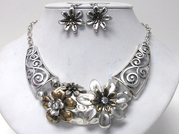 Crystal center flower and metal filigree half chocker necklace earring set