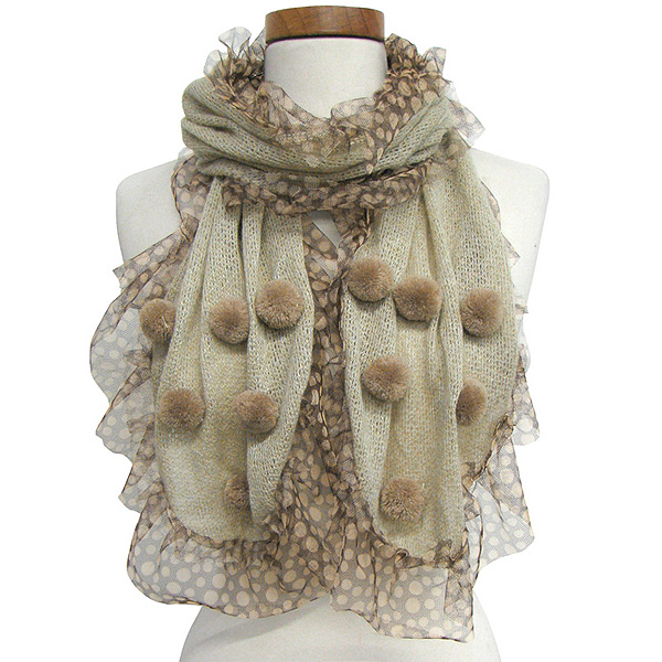 Mesh ruffle scarf w/pom pom