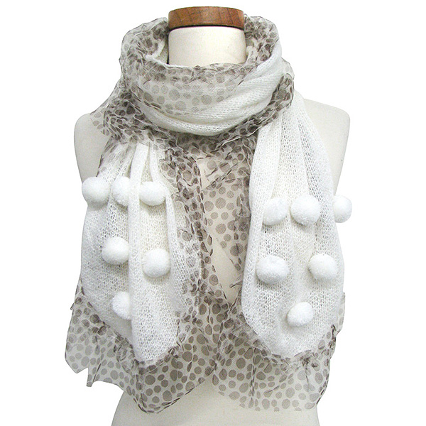 Mesh ruffle scarf w/pom pom