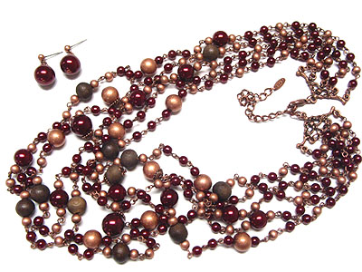 Multi strand metal wood and pearl beads necklace and earring set