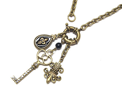 Fleur de lis crystal key necklace