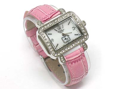 Crystal frame and mop face genuine leather band watch