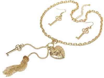 Multi long heart and key charms necklace and earring set 