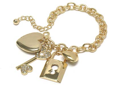 Multi crystal deco key and lock and heart charm bracelet