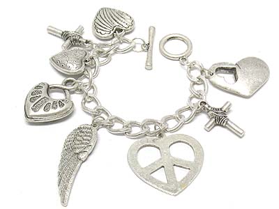 Peace heart and multi shape metal charms bracelet