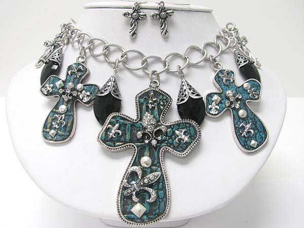 Medieval design crystal and patina metal round edge multi cross dangle necklace earring set