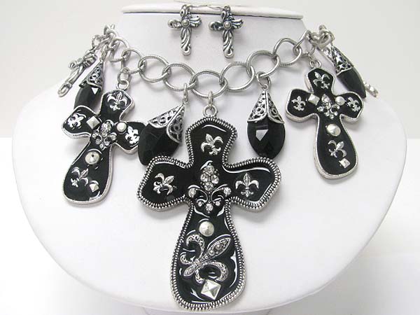 Medieval design crystal and patina metal round edge multi cross dangle necklace earring set