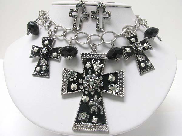 Medieval design crystal and patina metal multi cross dangle necklace earring set