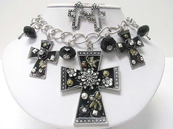 Medieval design crystal and patina metal multi cross dangle necklace earring set