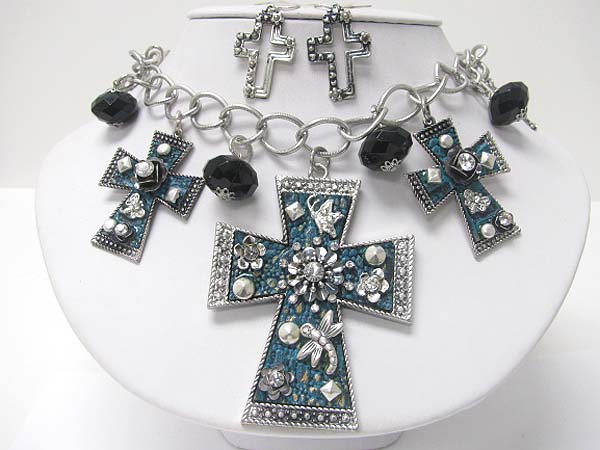 Medieval design crystal and patina metal multi cross dangle necklace earring set