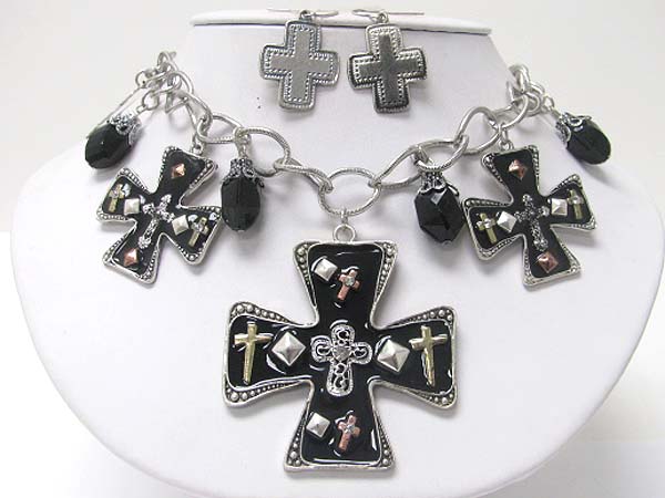 Medieval design crystal and patina metal multi cross dangle necklace earring set