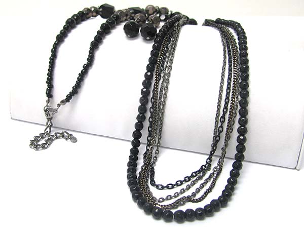 Multi strand facet glass stone and metal chain long necklace earring set