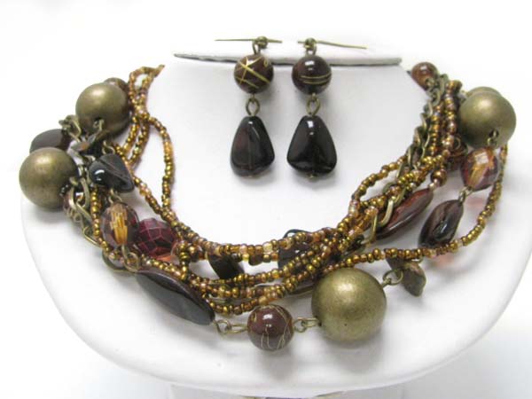 Multi strand mixed beads and chain necklace earring set