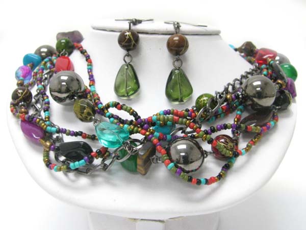 Multi strand mixed beads and chain necklace earring set