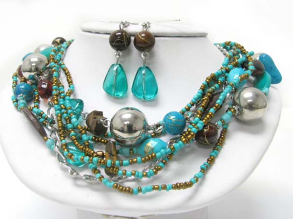 Multi strand mixed beads and chain necklace earring set