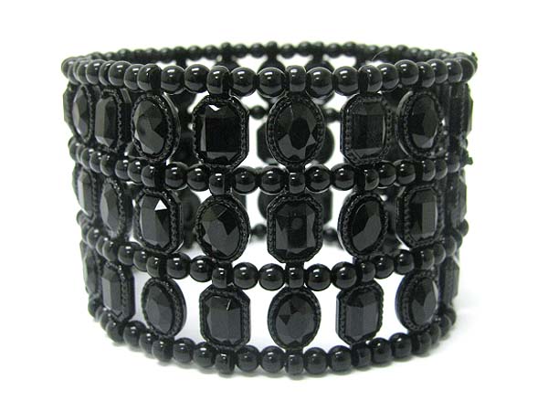 Triple row facet metallic stone and metal ball link stretch bracelet