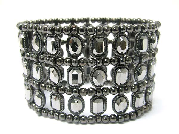 Triple row facet metallic stone and metal ball link stretch bracelet