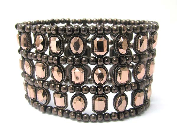 Triple row facet metallic stone and metal ball link stretch bracelet