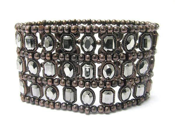 Triple row facet metallic stone and metal ball link stretch bracelet