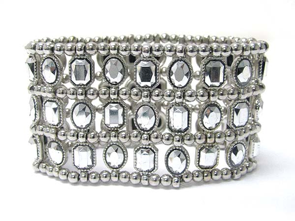 Triple row facet metallic stone and metal ball link stretch bracelet