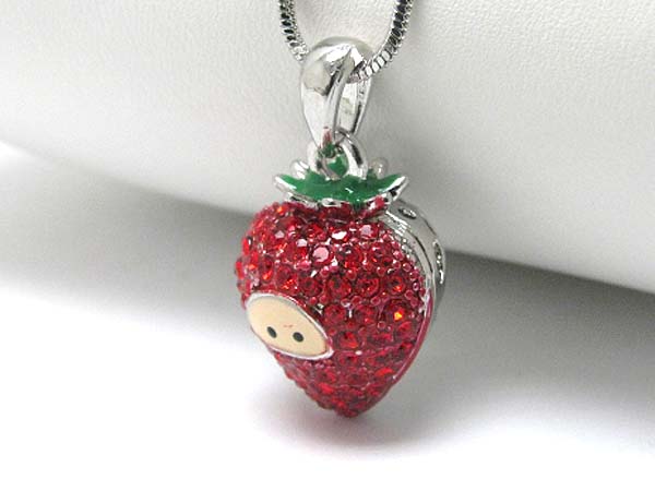 Made in korea whitegold plating epoxy and crystal deco kids strawberry pendant necklace