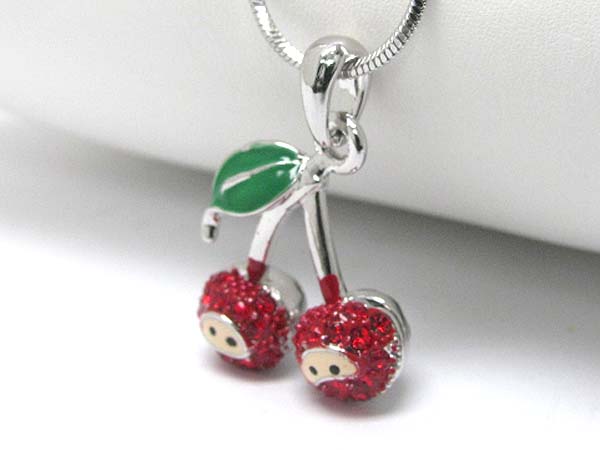 Made in korea whitegold plating epoxy and crystal deco kids cherry pendant necklace