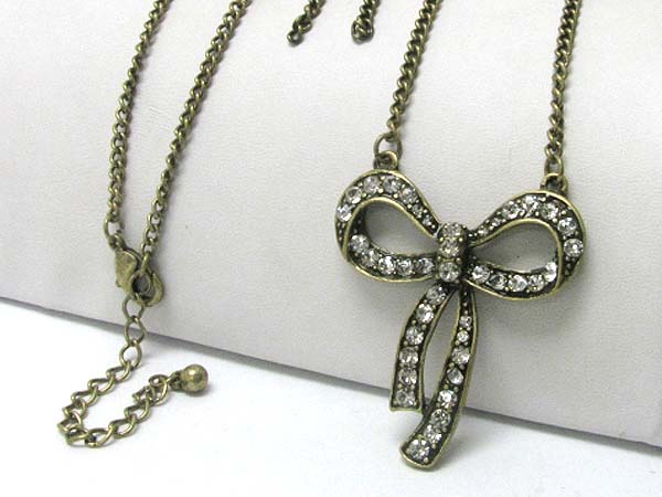 Crystal stud burnish metal ribbon pendant tied long necklace earring set