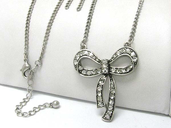 Crystal stud burnish metal ribbon pendant tied long necklace earring set