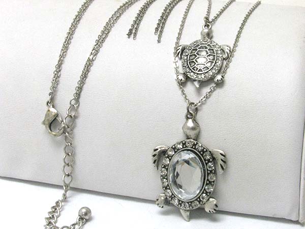 Double layer crystal stud burnish metal turtle  pendant long necklace earring set