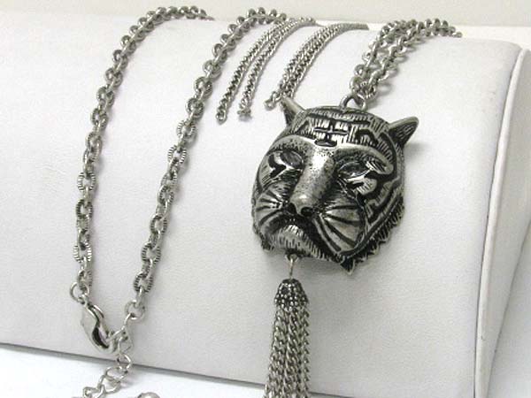 Burnish metal tiger face sculpture pendant long necklace earring set