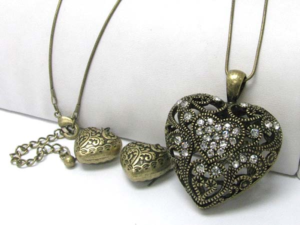 Crystakl stud burnish metal filigree heart pendant long necklace earring set