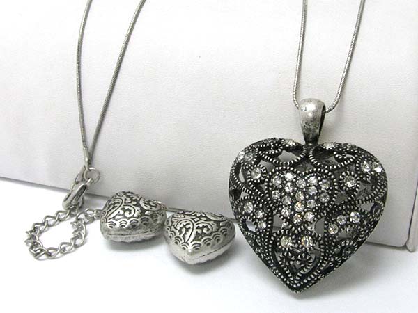 Crystakl stud burnish metal filigree heart pendant long necklace earring set