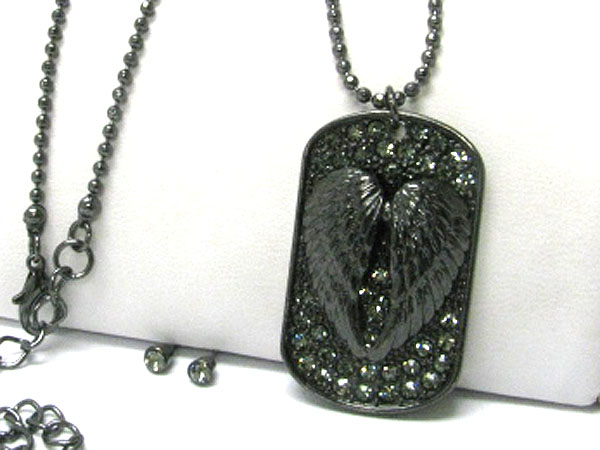 Crystal stud wings theme metal dog tag pendant necklace