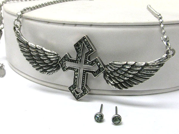 Crystal stud flying cross pendant tied necklace earring set