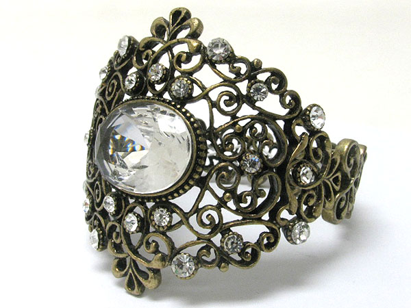 Crystal deco large filigree metal hinge bangle