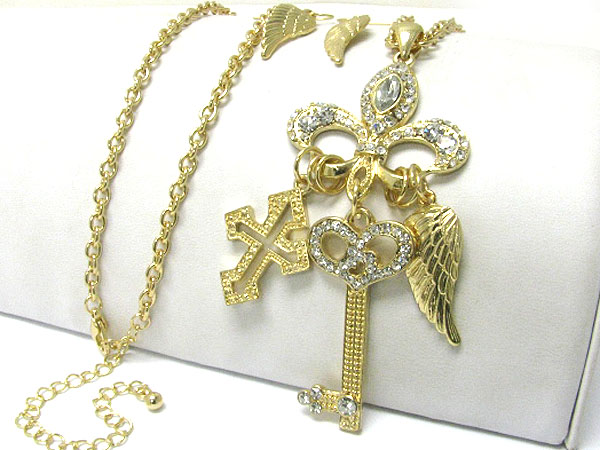 Crystal stud fleur de lis and key wing and cross dangle long chain necklace earring set