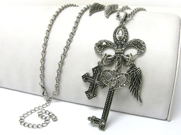 Crystal stud fleur de lis and key wing and cross dangle long chain necklace earring set