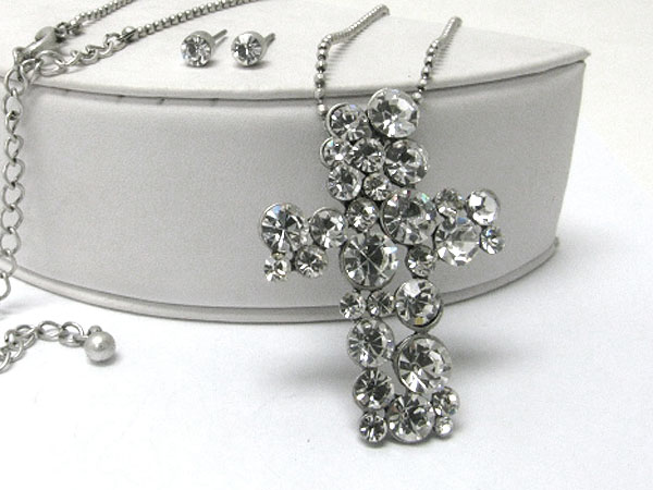 Crystal bubbled large cross pendant long chain necklace earring set