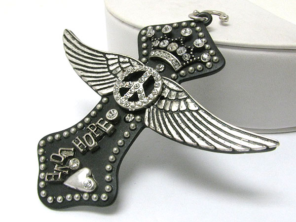 Crystal and metal peace wing crown deco large cross pendant