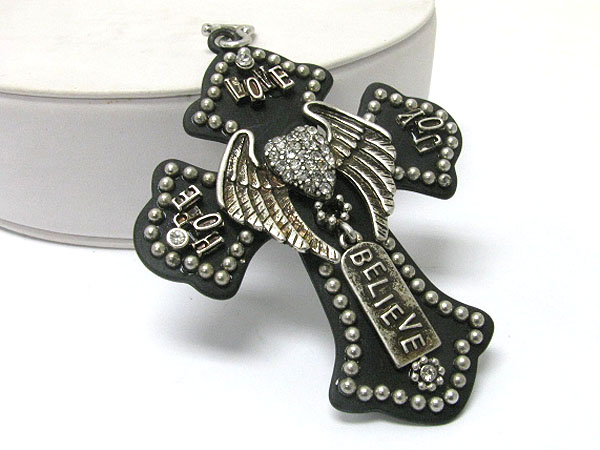 Crystal and metal heart wing stud deco large cross pendant