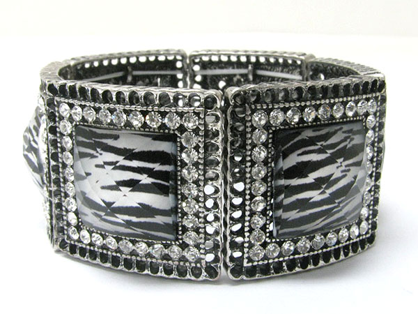 Animal glass and crystal deco filigree metal square disk stretch bracelet