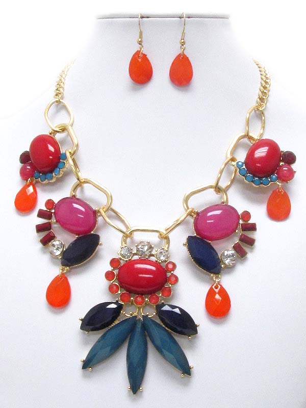 Crystal and puffy acrylic stone deco necklace earring set